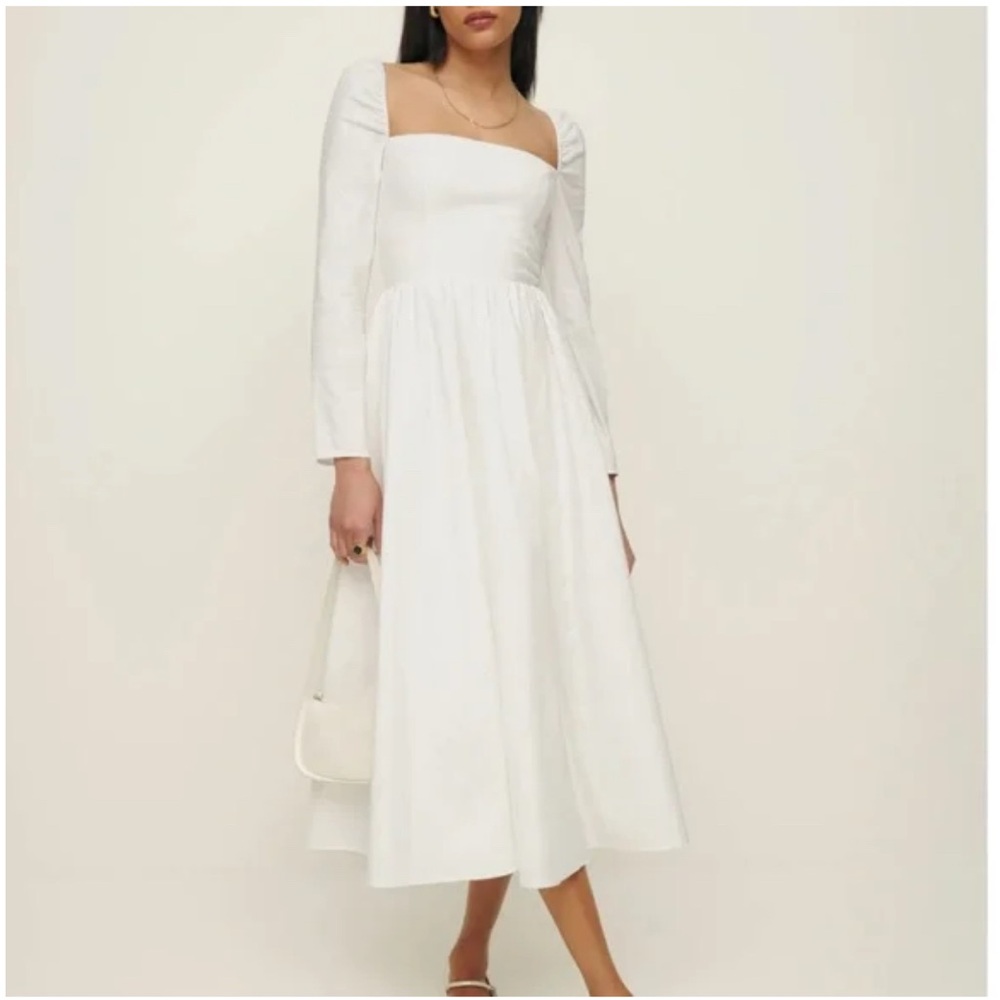 Reformation White Long Sleeve Midi Dress